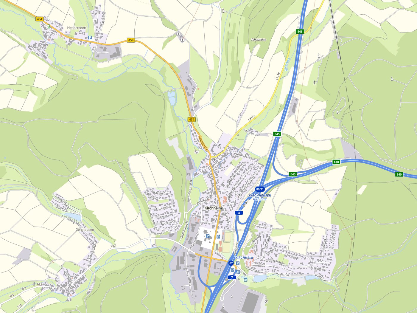 Kartenausschnitt Kirchheim mit Gewässern