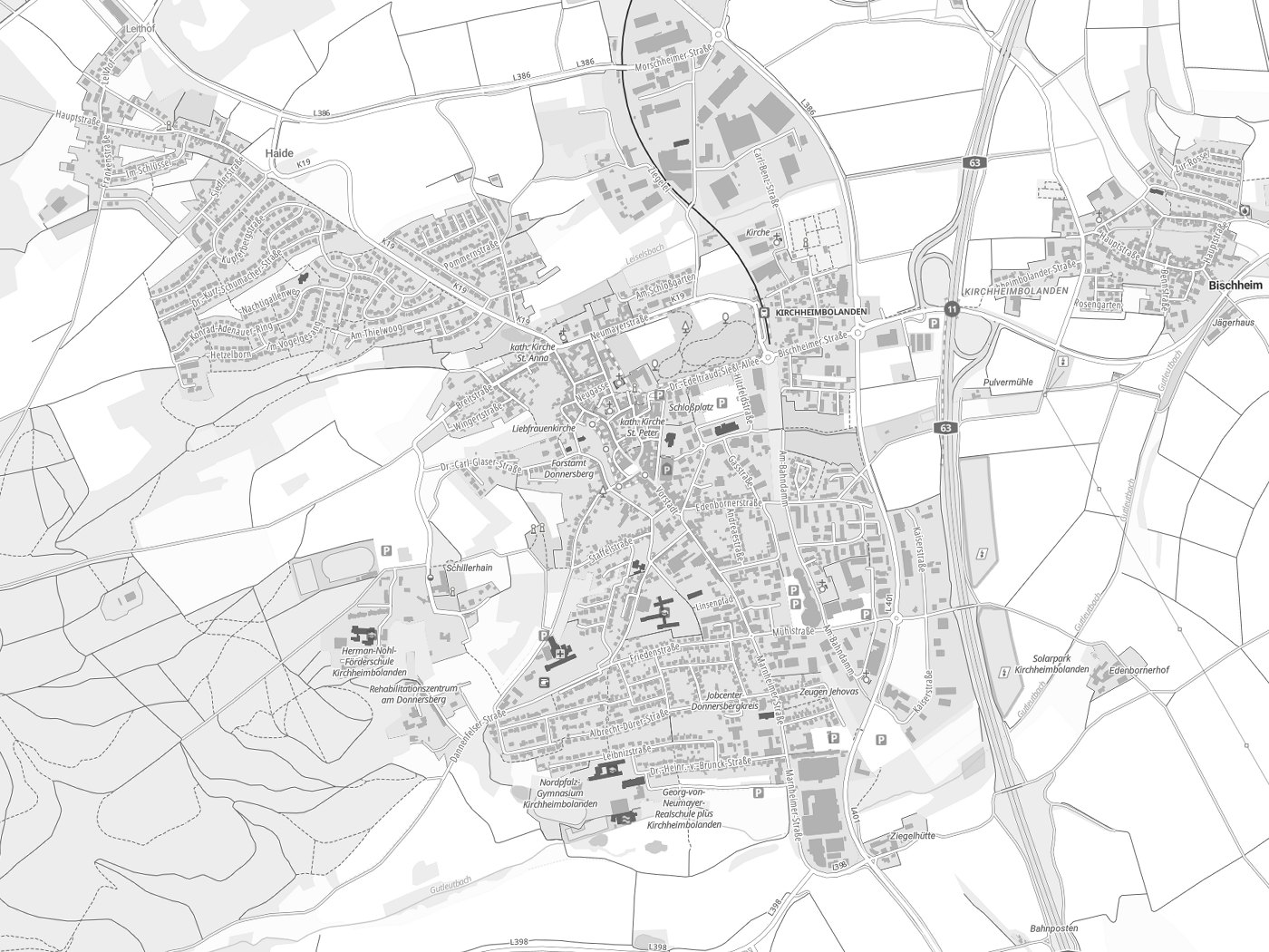Kartenausschnitt Kirchheimbolanden mit Gewässern
