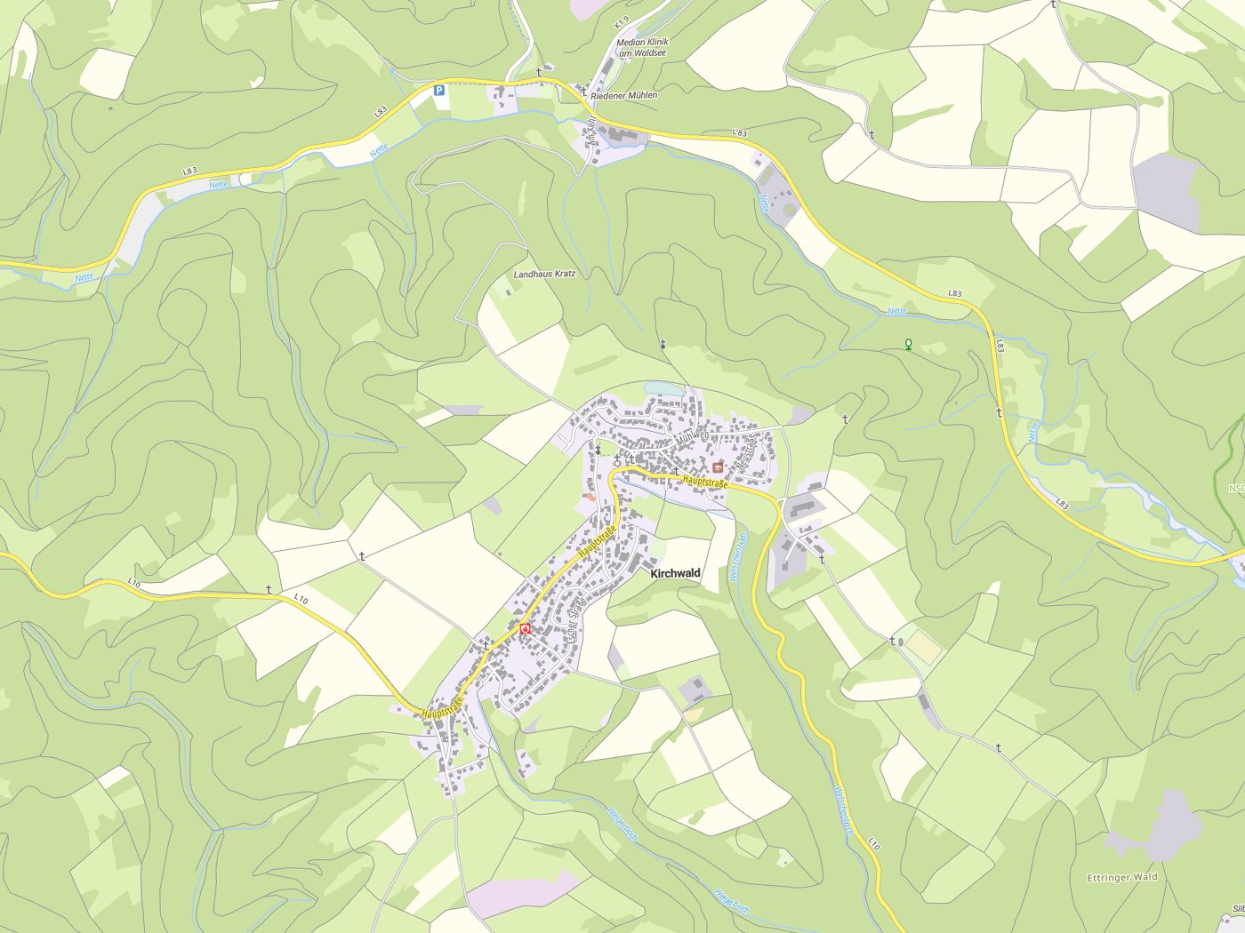 Kartenausschnitt Kirchwald mit Gewässern