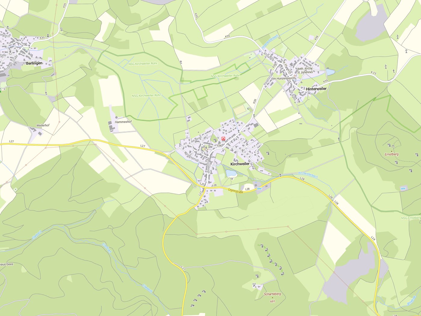 Kartenausschnitt Kirchweiler mit Gewässern