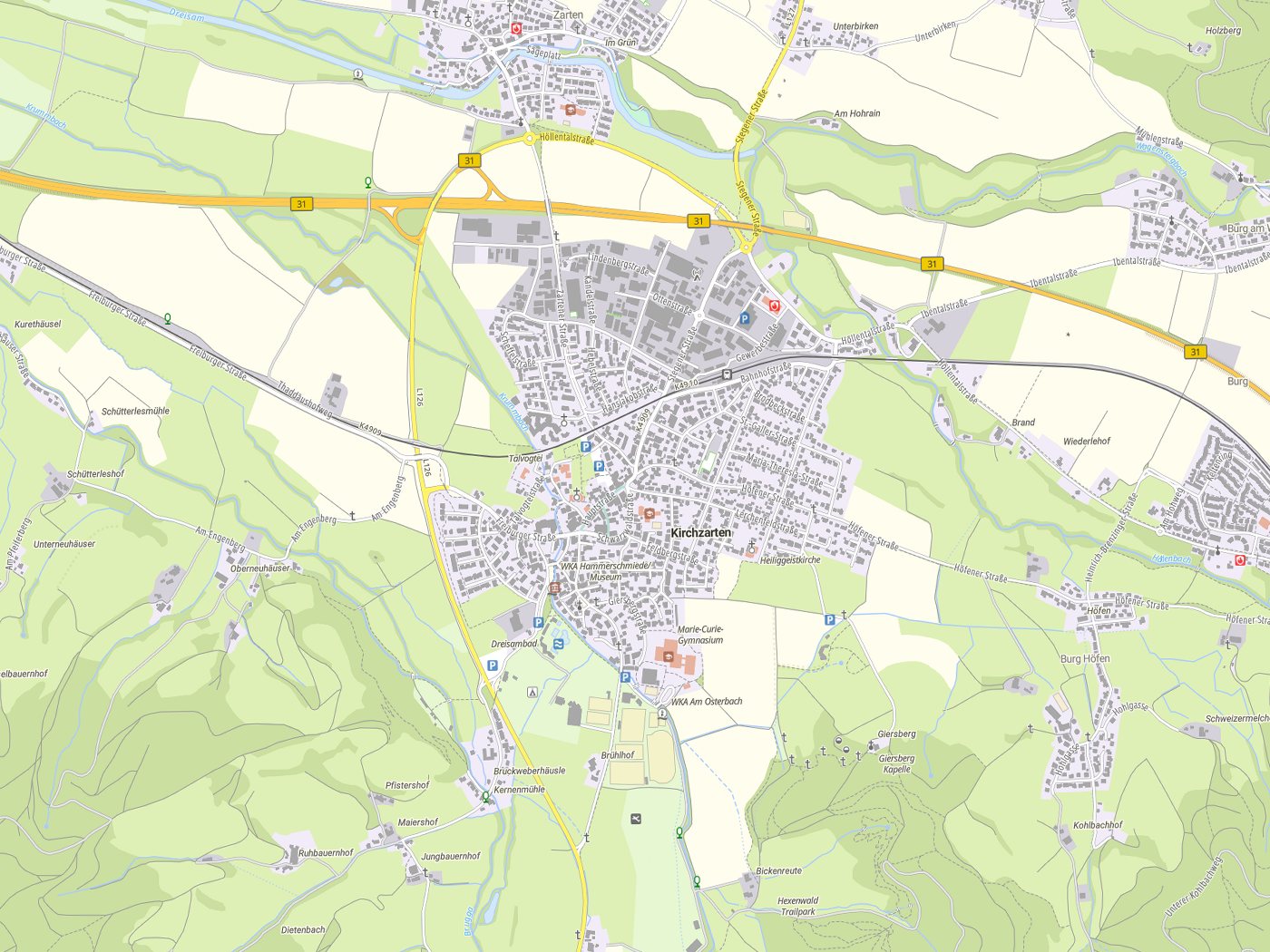 Kartenausschnitt Kirchzarten mit Gewässern