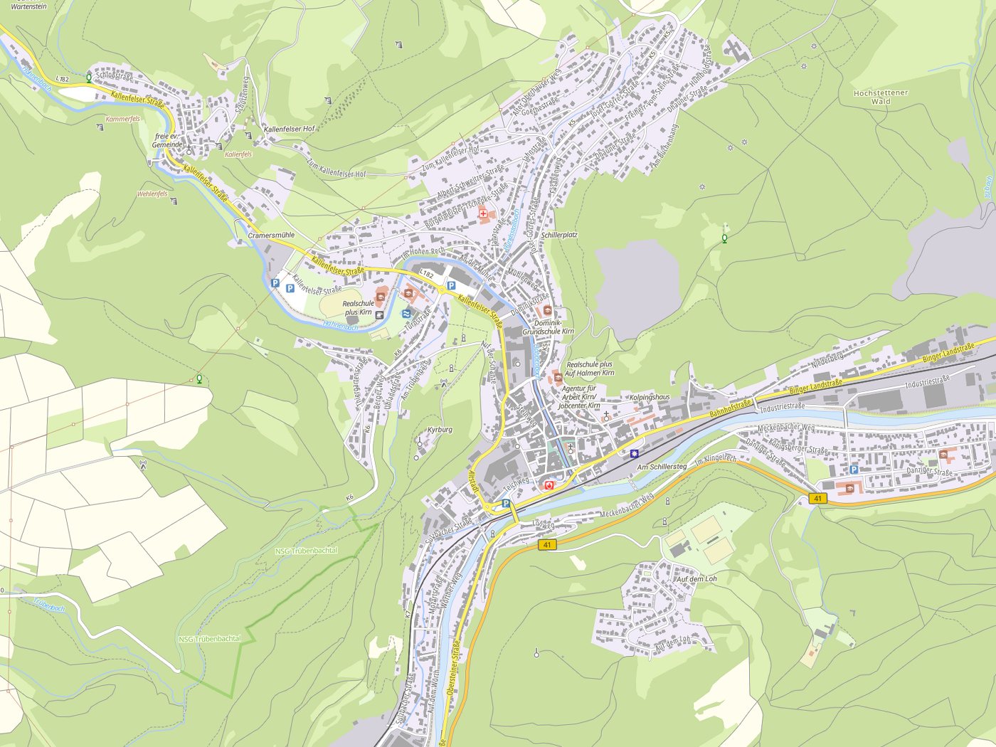 Kartenausschnitt Kirn mit Gewässern