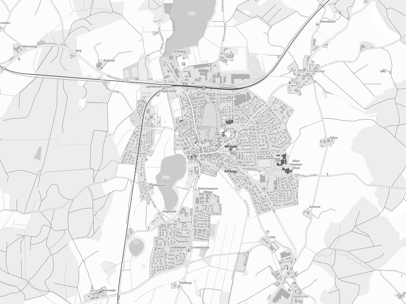 Kartenausschnitt Kißlegg mit Gewässern