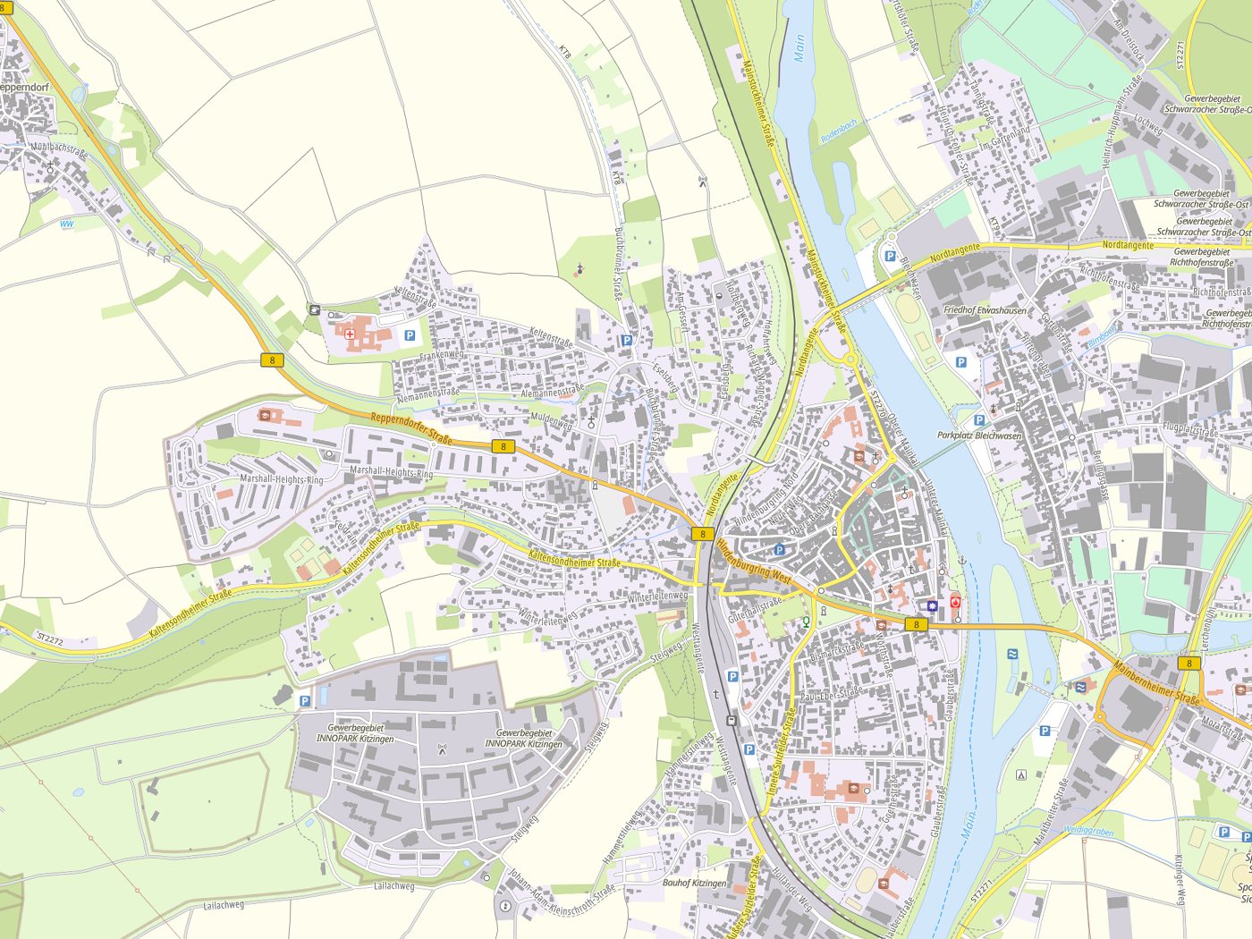 Kartenausschnitt Kitzingen mit Gewässern