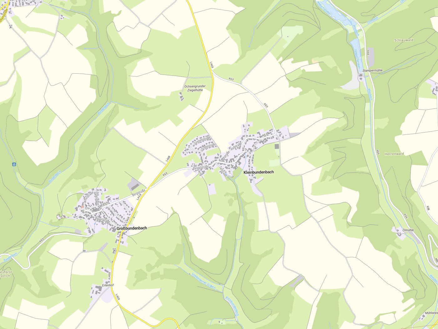 Kartenausschnitt Kleinbundenbach mit Gewässern
