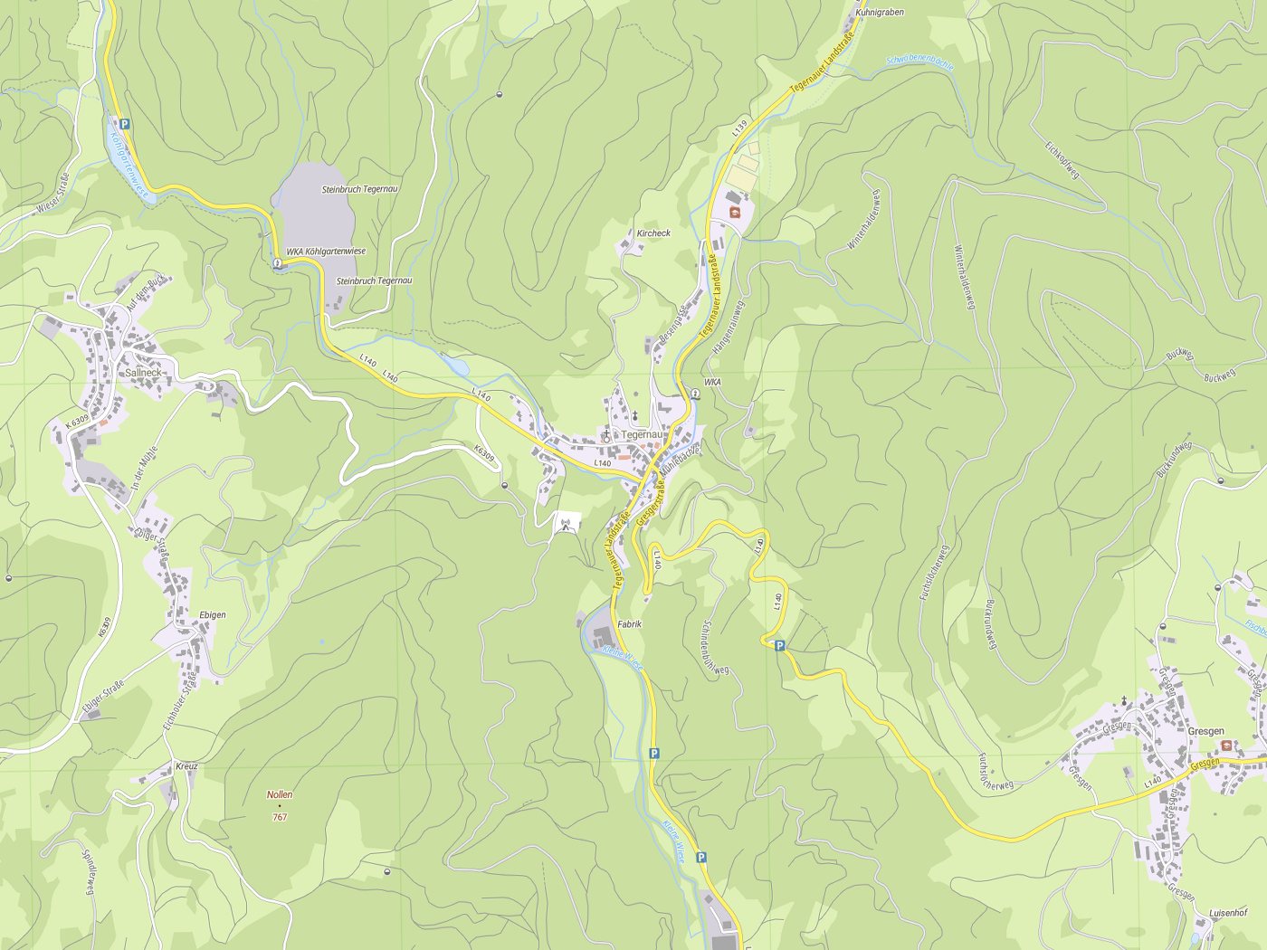 Kartenausschnitt Kleines Wiesental mit Gewässern