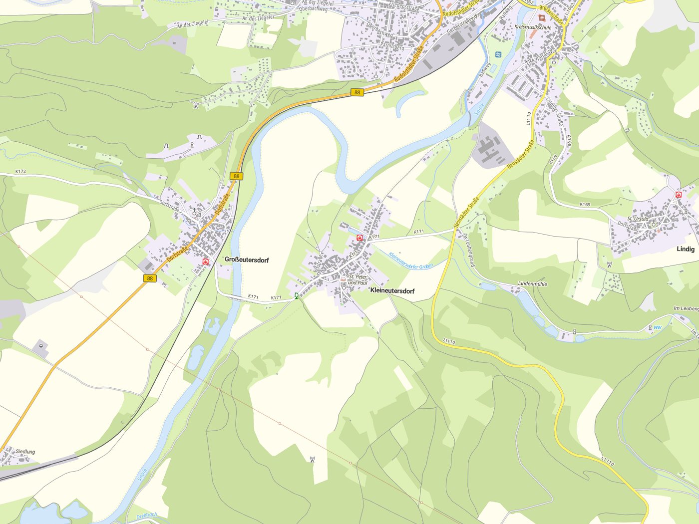 Kartenausschnitt Kleineutersdorf mit Gewässern