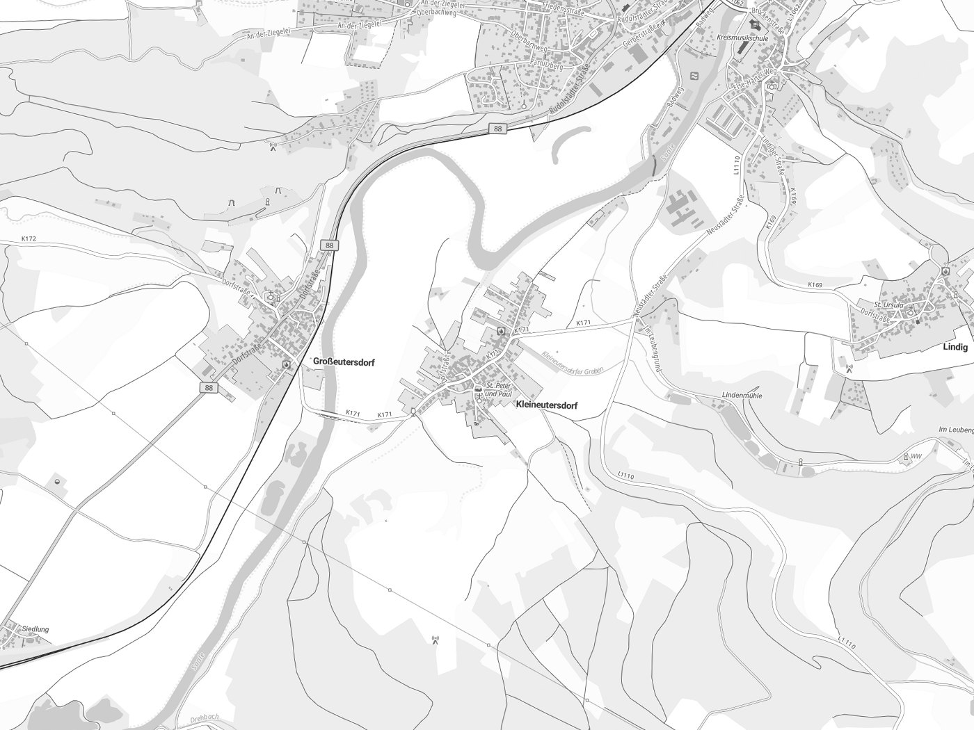 Kartenausschnitt Kleineutersdorf mit Gewässern