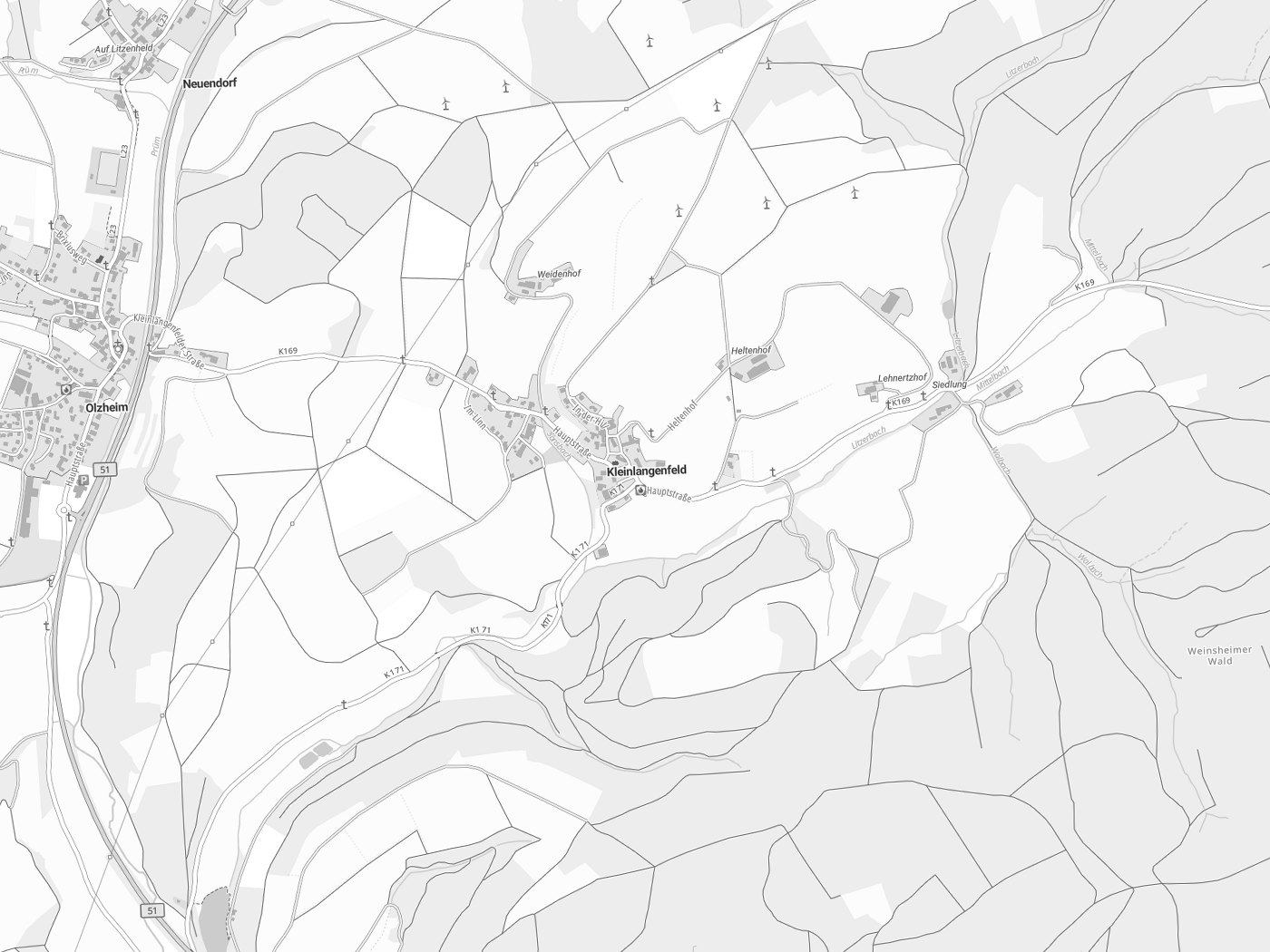 Kartenausschnitt Kleinlangenfeld mit Gewässern