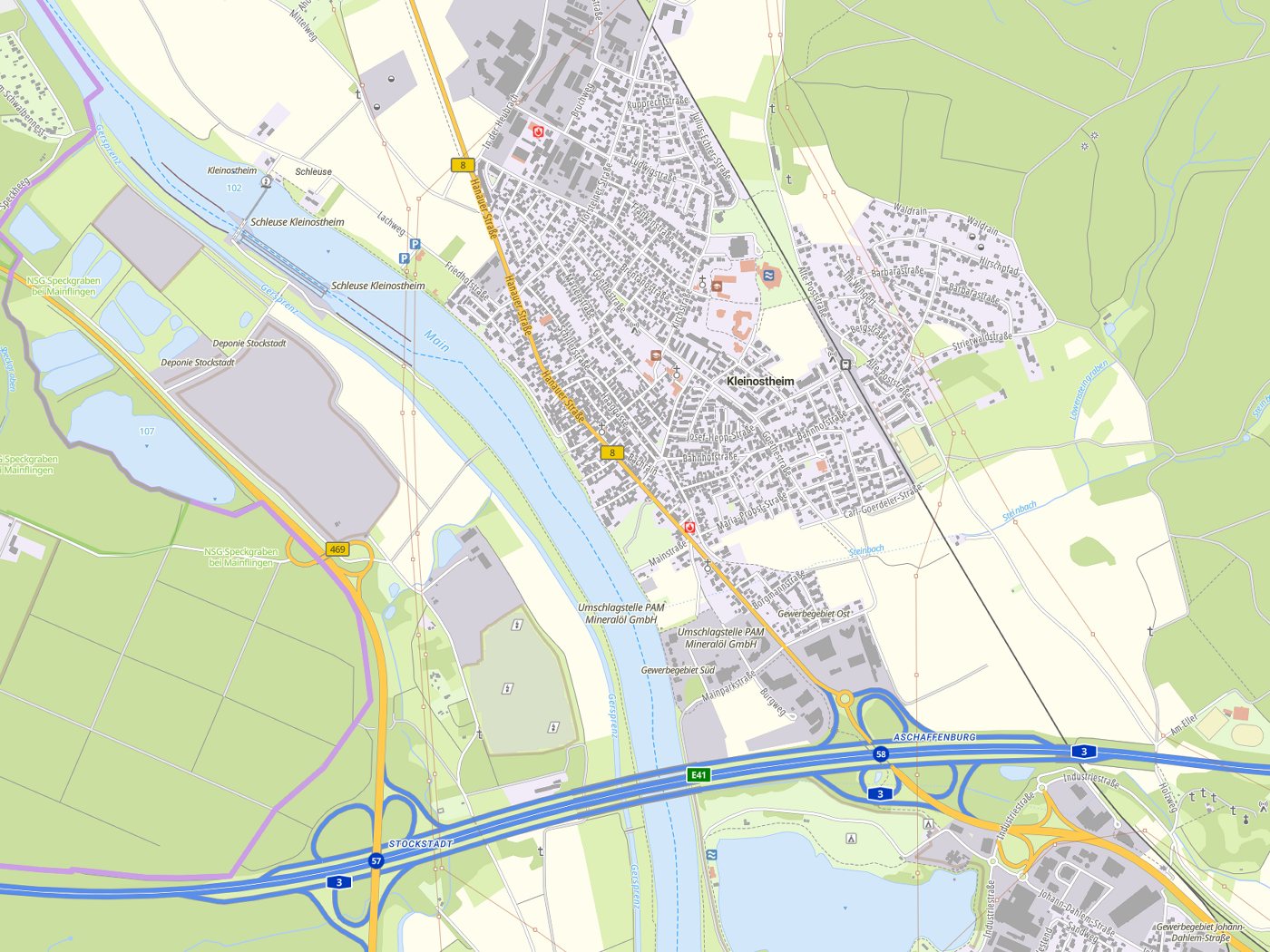 Kartenausschnitt Kleinostheim mit Gewässern