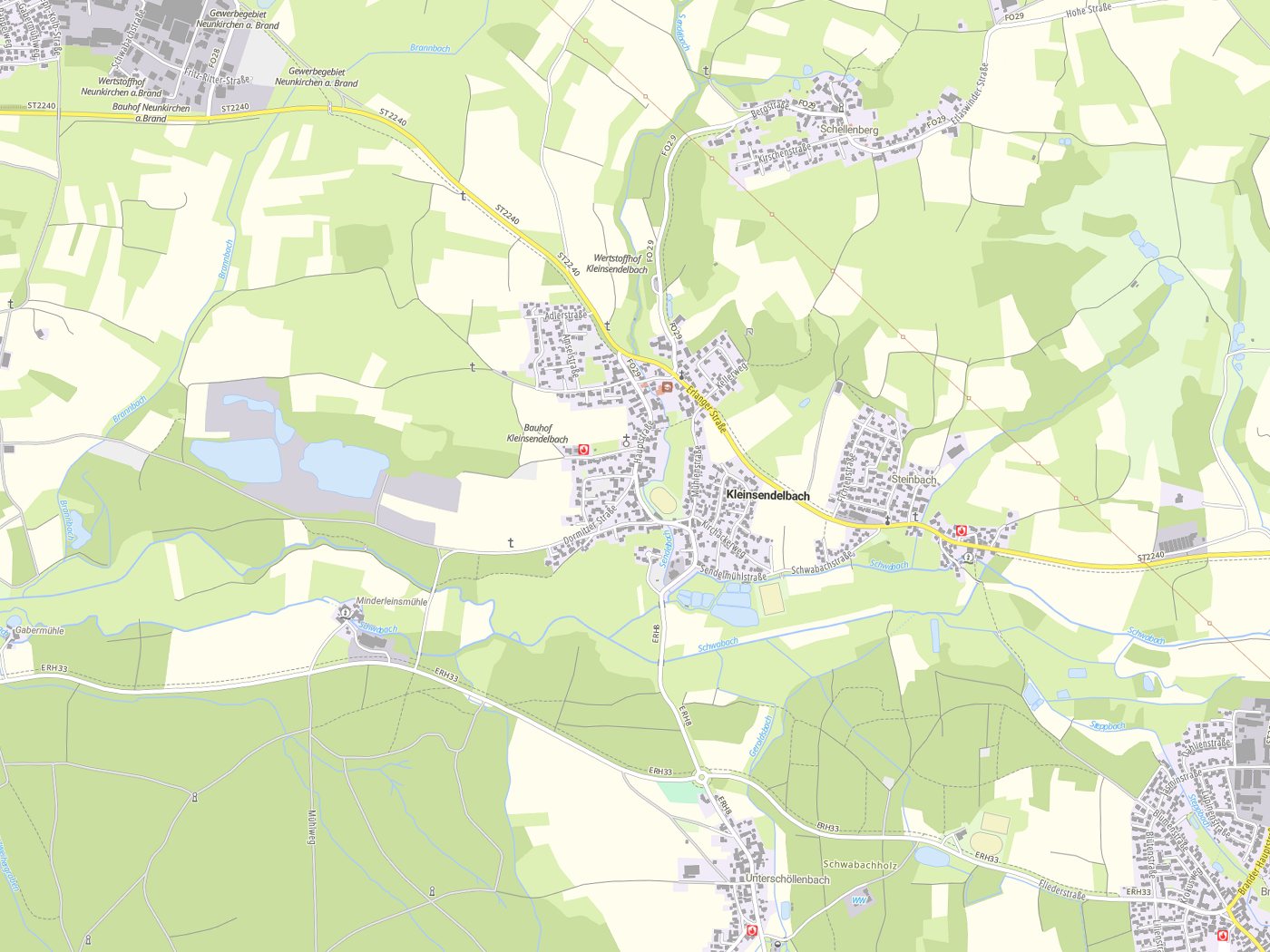 Kartenausschnitt Kleinsendelbach mit Gewässern