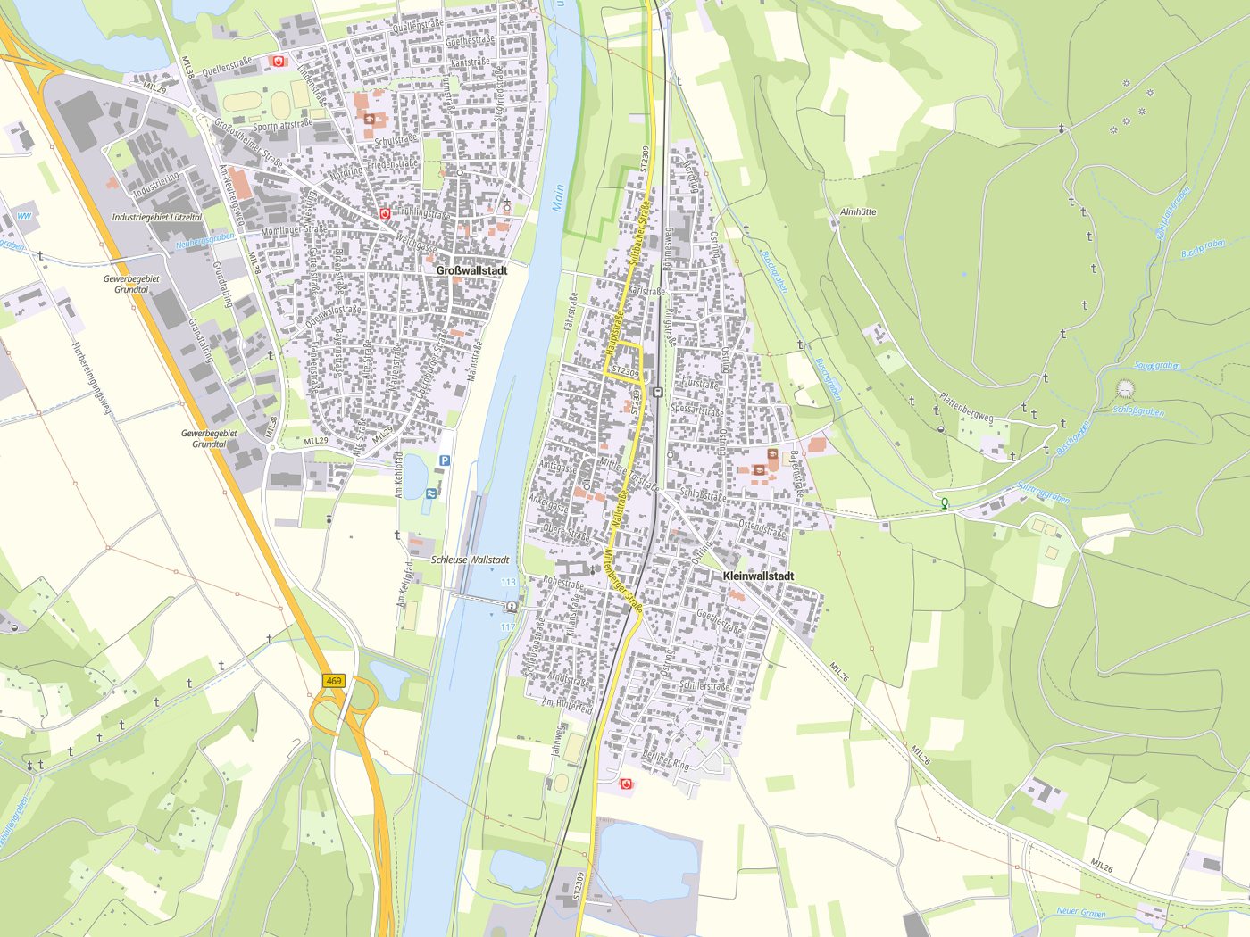 Kartenausschnitt Kleinwallstadt mit Gewässern