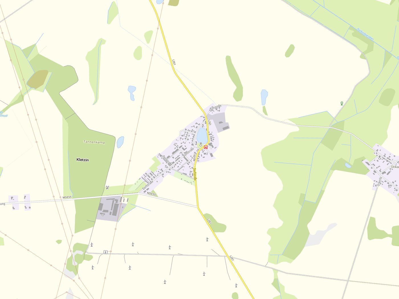 Kartenausschnitt Kletzin mit Gewässern
