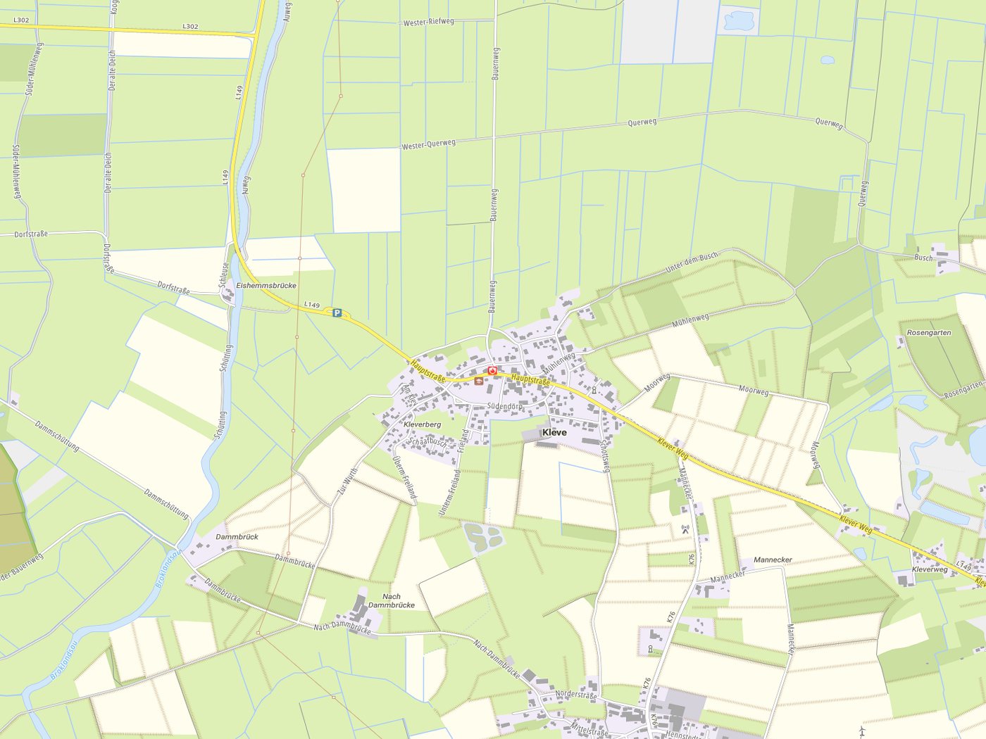 Kartenausschnitt Kleve mit Gewässern