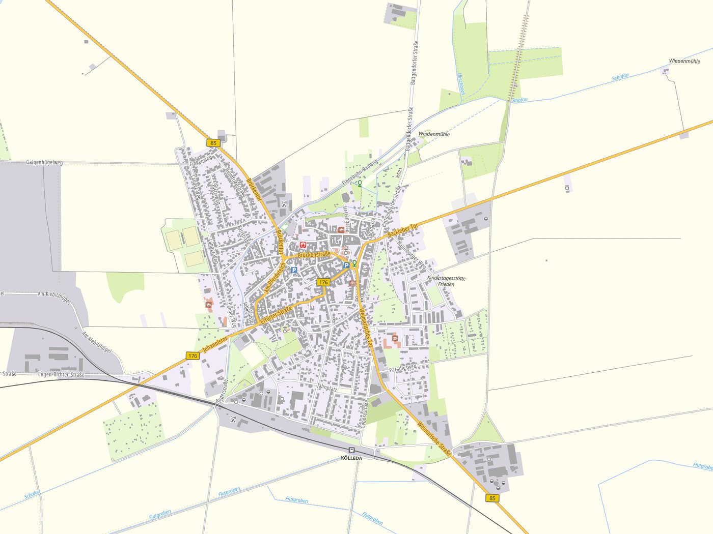 Kartenausschnitt Kölleda mit Gewässern