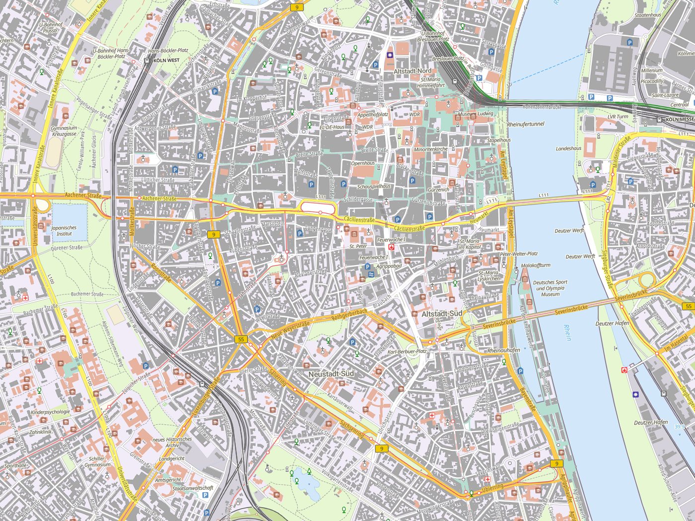Kartenausschnitt Köln mit Gewässern