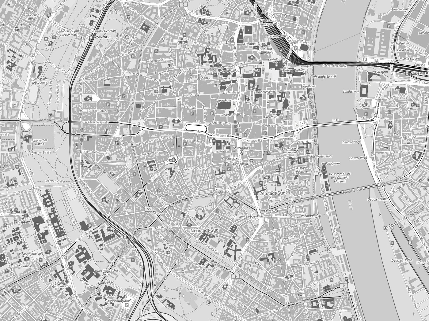 Kartenausschnitt Köln mit Gewässern