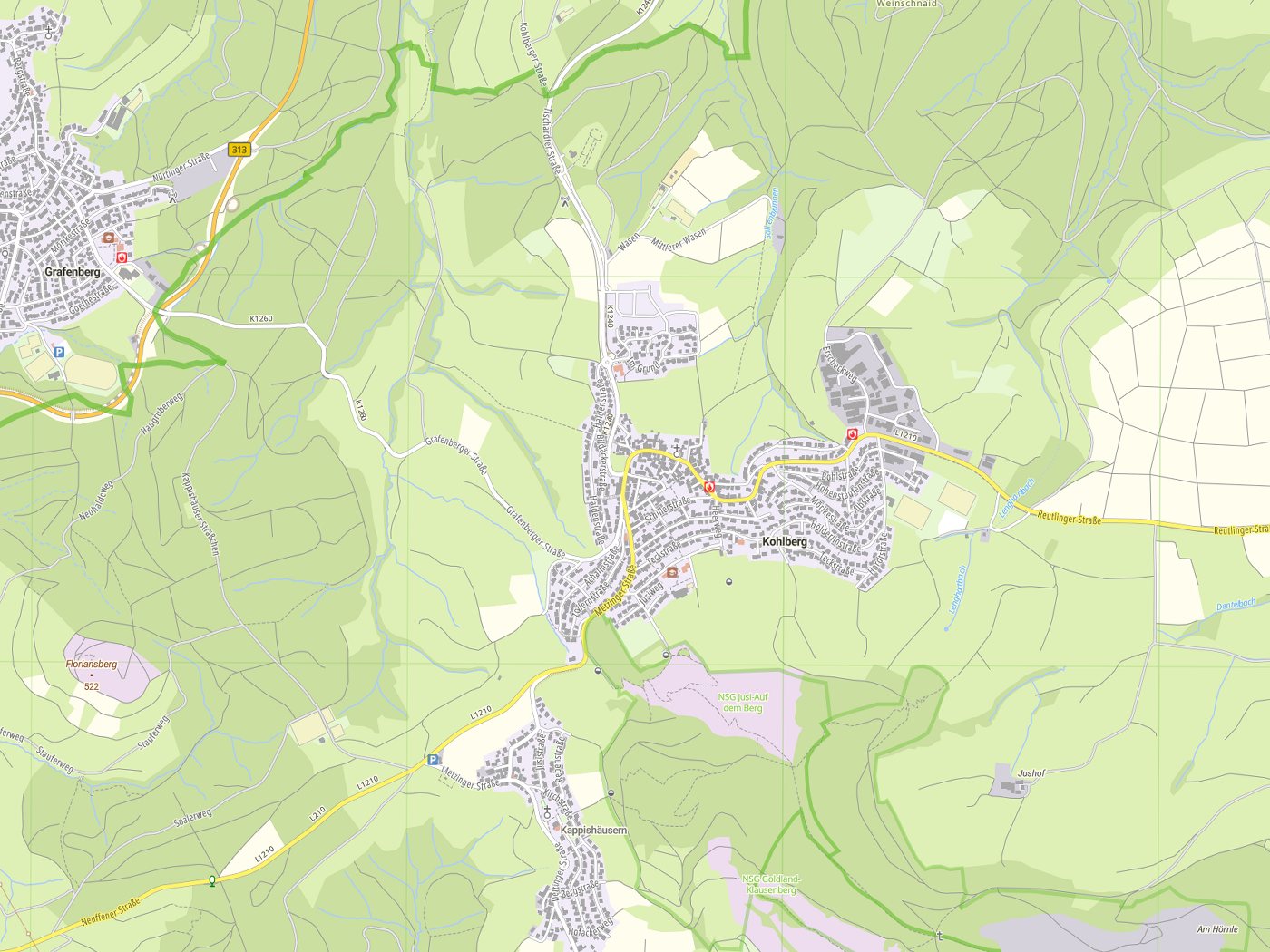 Kartenausschnitt Kohlberg mit Gewässern