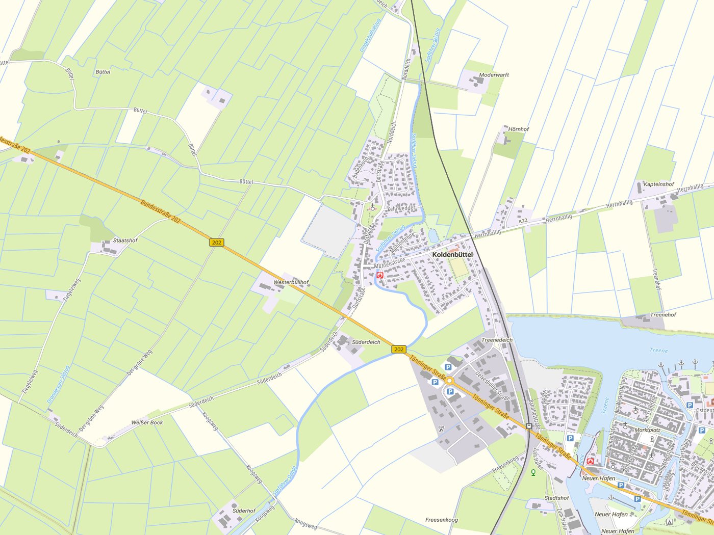Kartenausschnitt Koldenbüttel mit Gewässern