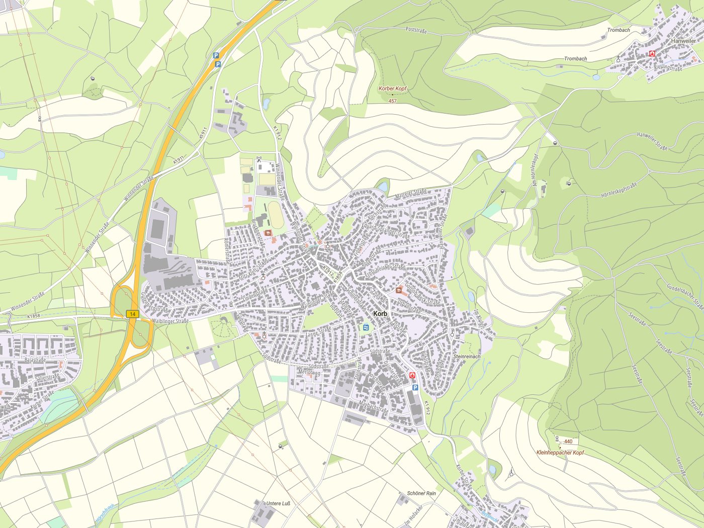 Kartenausschnitt Korb mit Gewässern