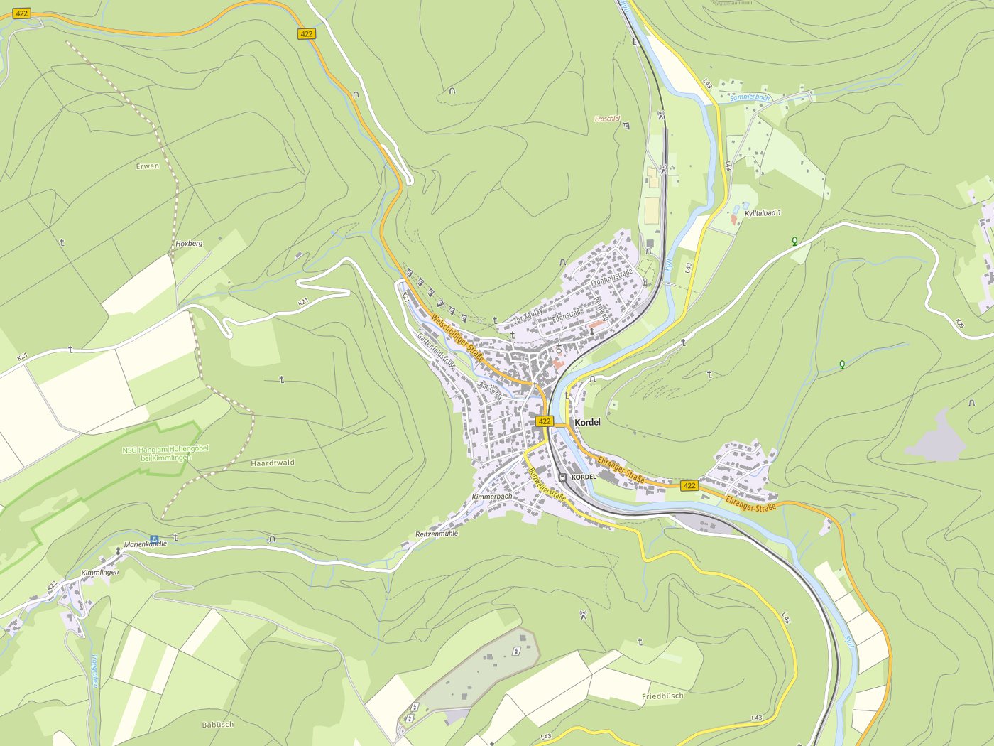 Kartenausschnitt Kordel mit Gewässern