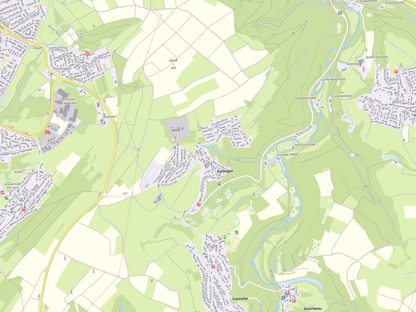 Kartenausschnitt Korlingen mit Gewässern