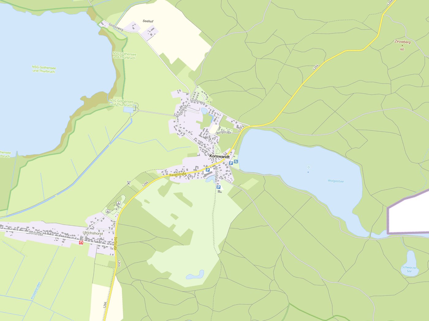 Kartenausschnitt Korswandt mit Gewässern