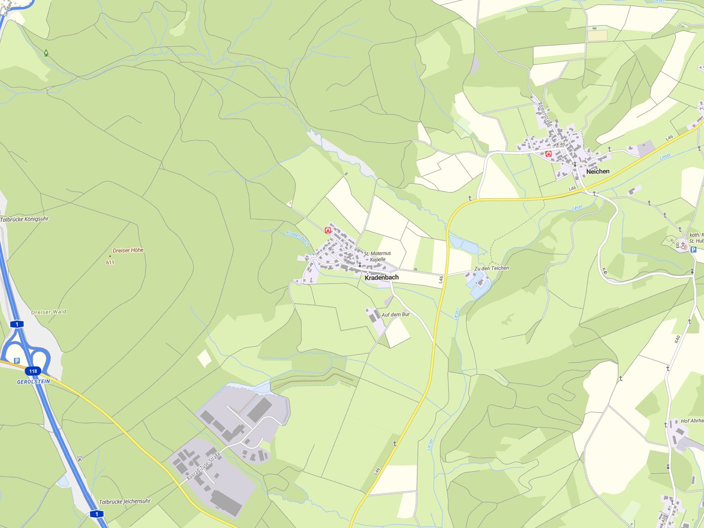Kartenausschnitt Kradenbach mit Gewässern