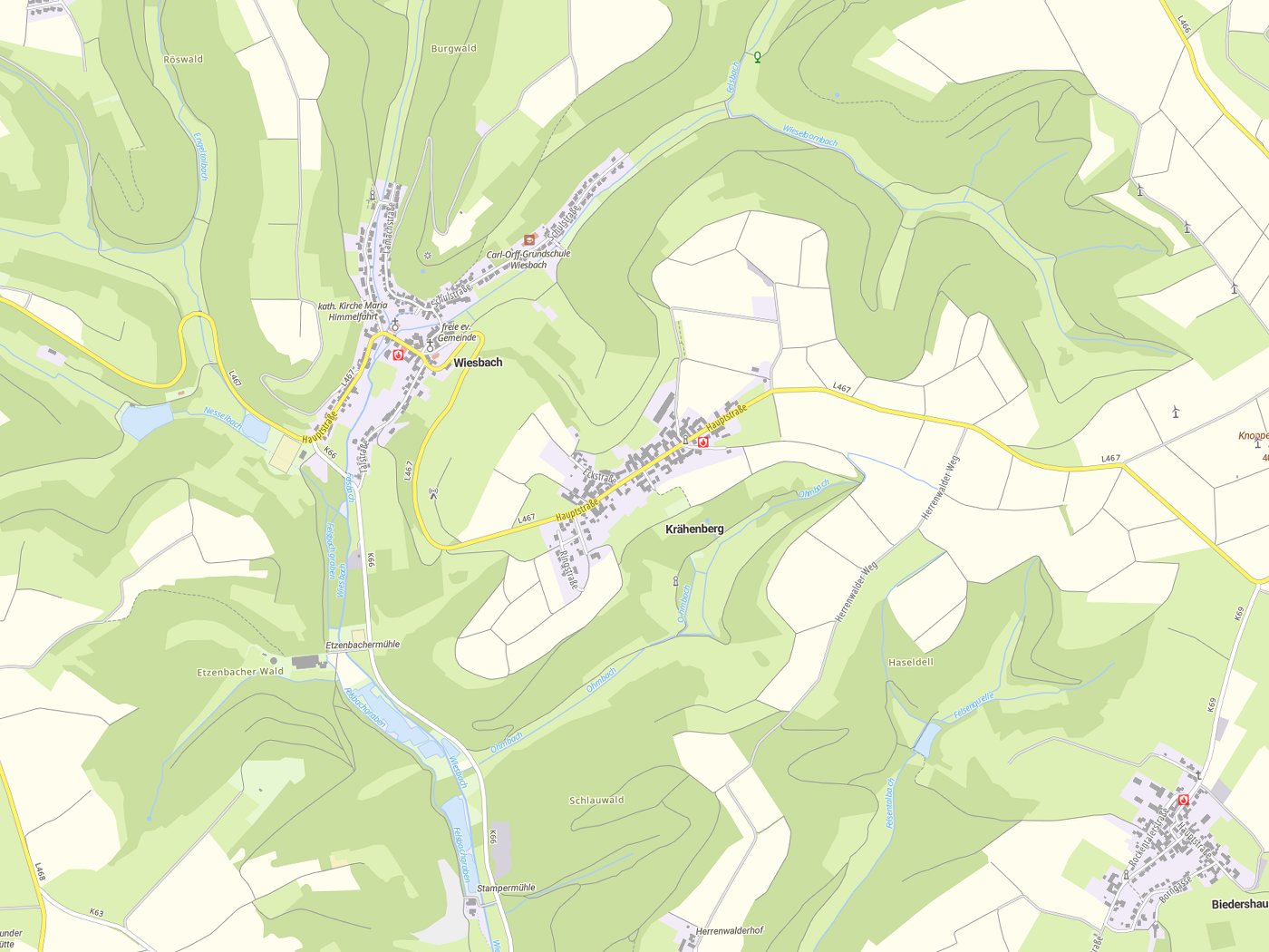 Kartenausschnitt Krähenberg mit Gewässern