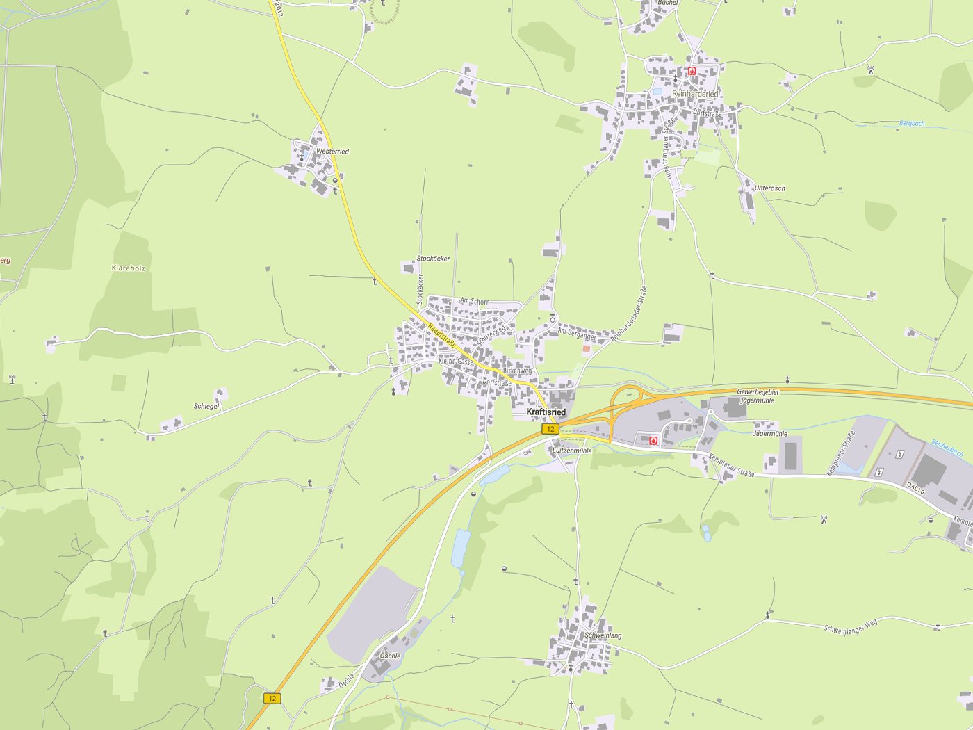 Kartenausschnitt Kraftisried mit Gewässern