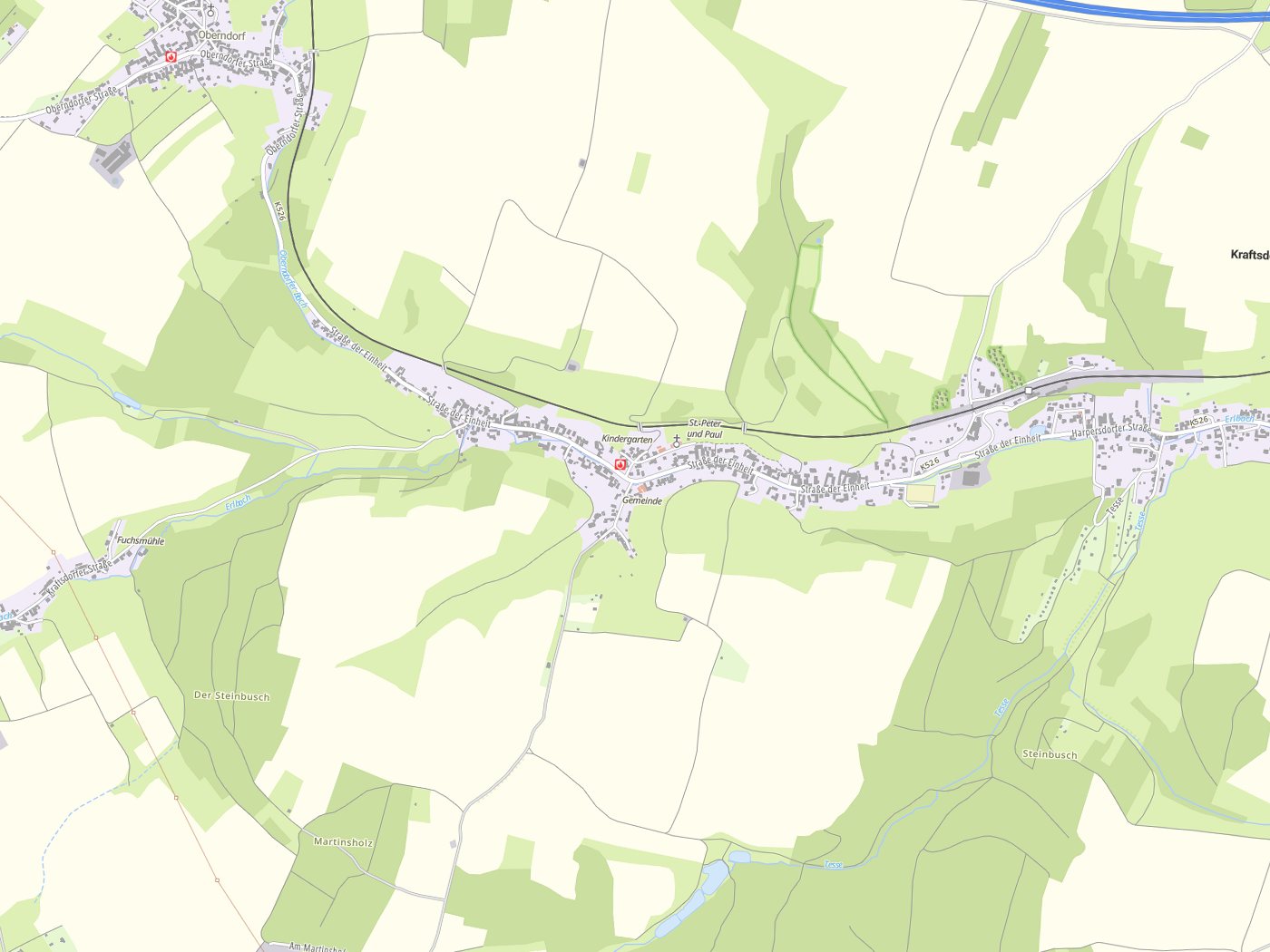 Kartenausschnitt Kraftsdorf mit Gewässern