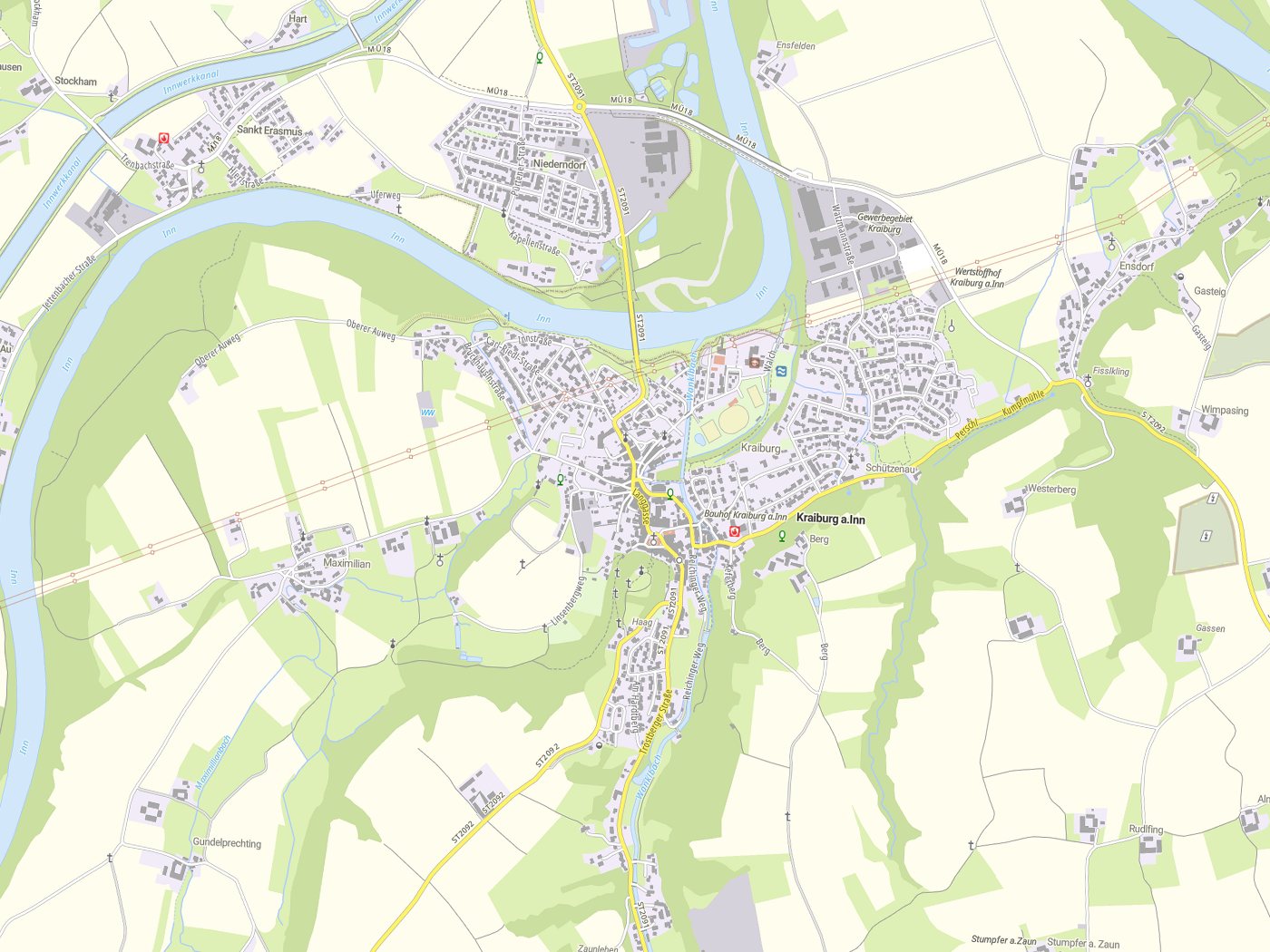 Kartenausschnitt Kraiburg a.Inn mit Gewässern