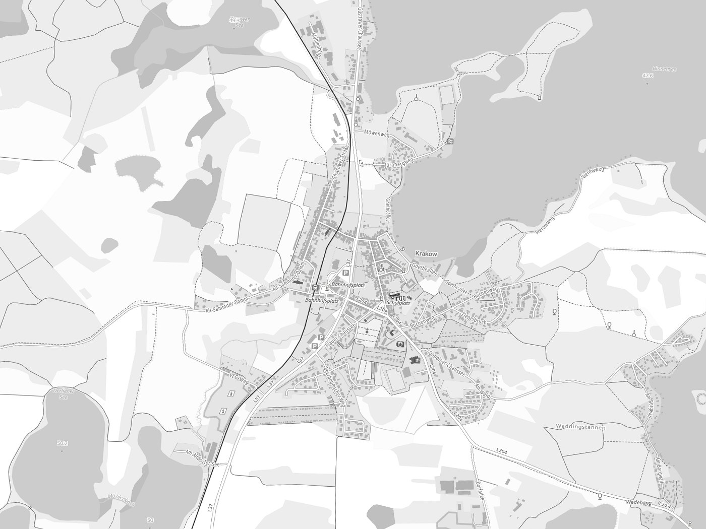 Kartenausschnitt Krakow am See mit Gewässern