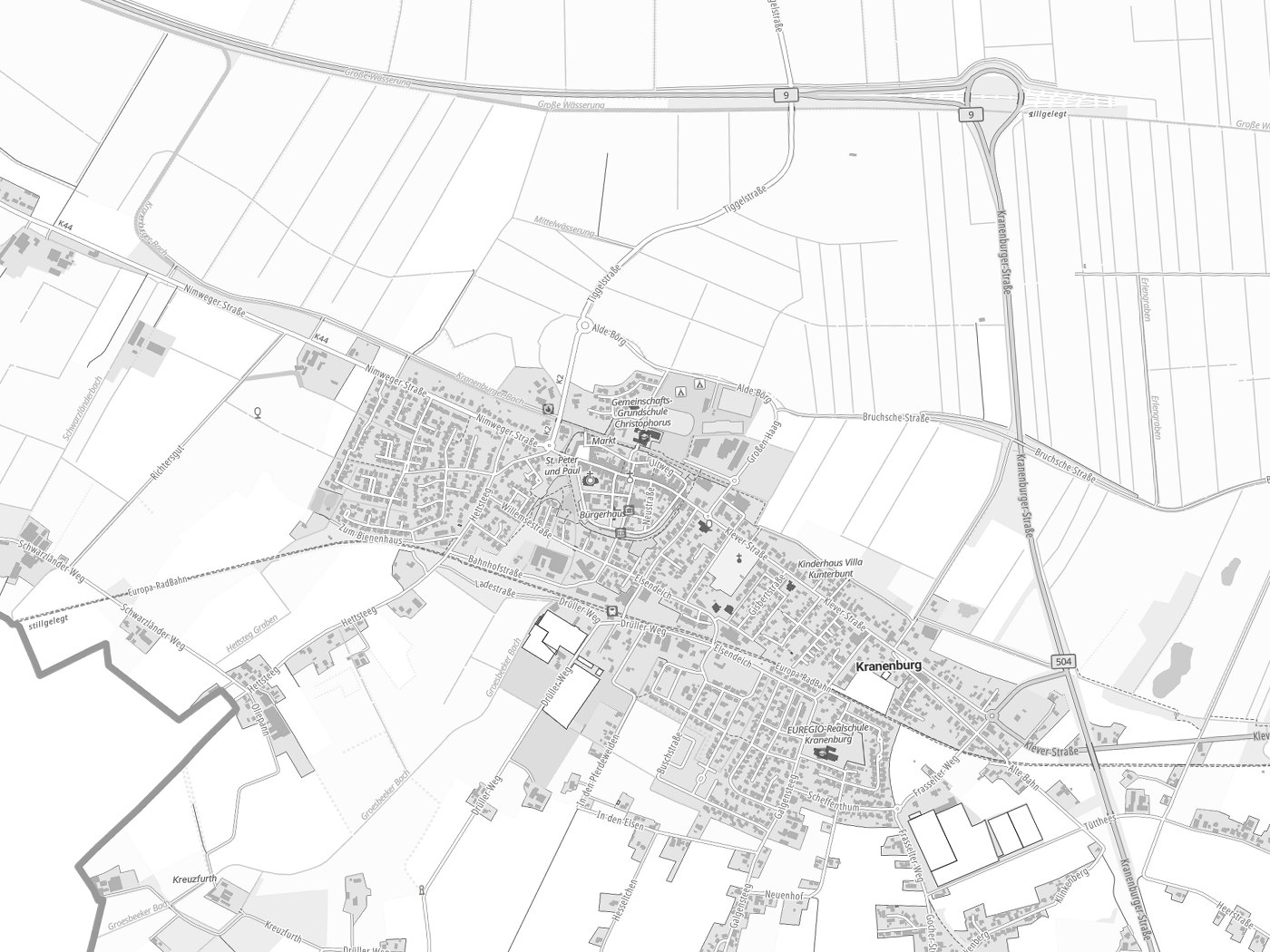 Kartenausschnitt Kranenburg mit Gewässern
