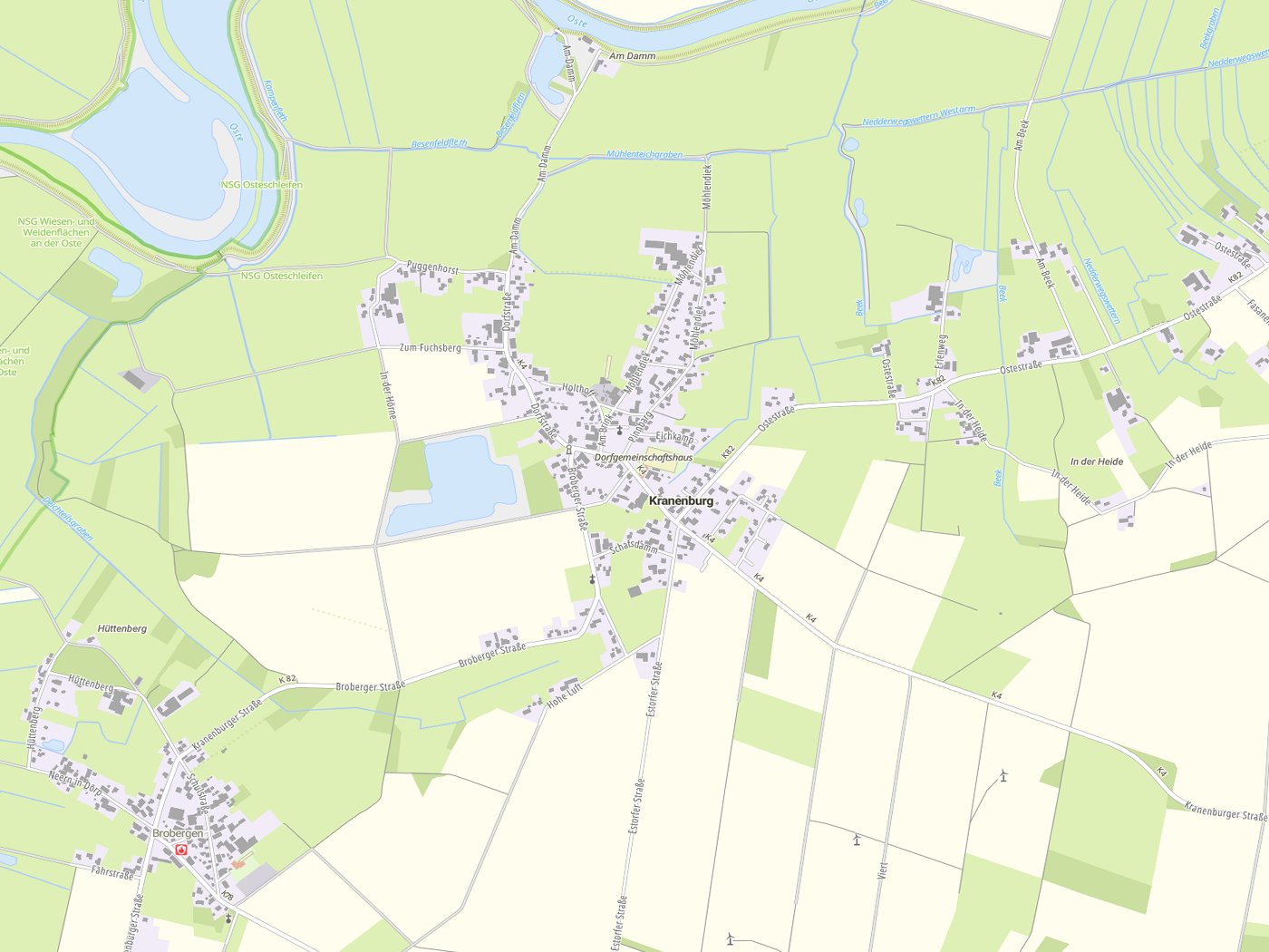 Kartenausschnitt Kranenburg mit Gewässern
