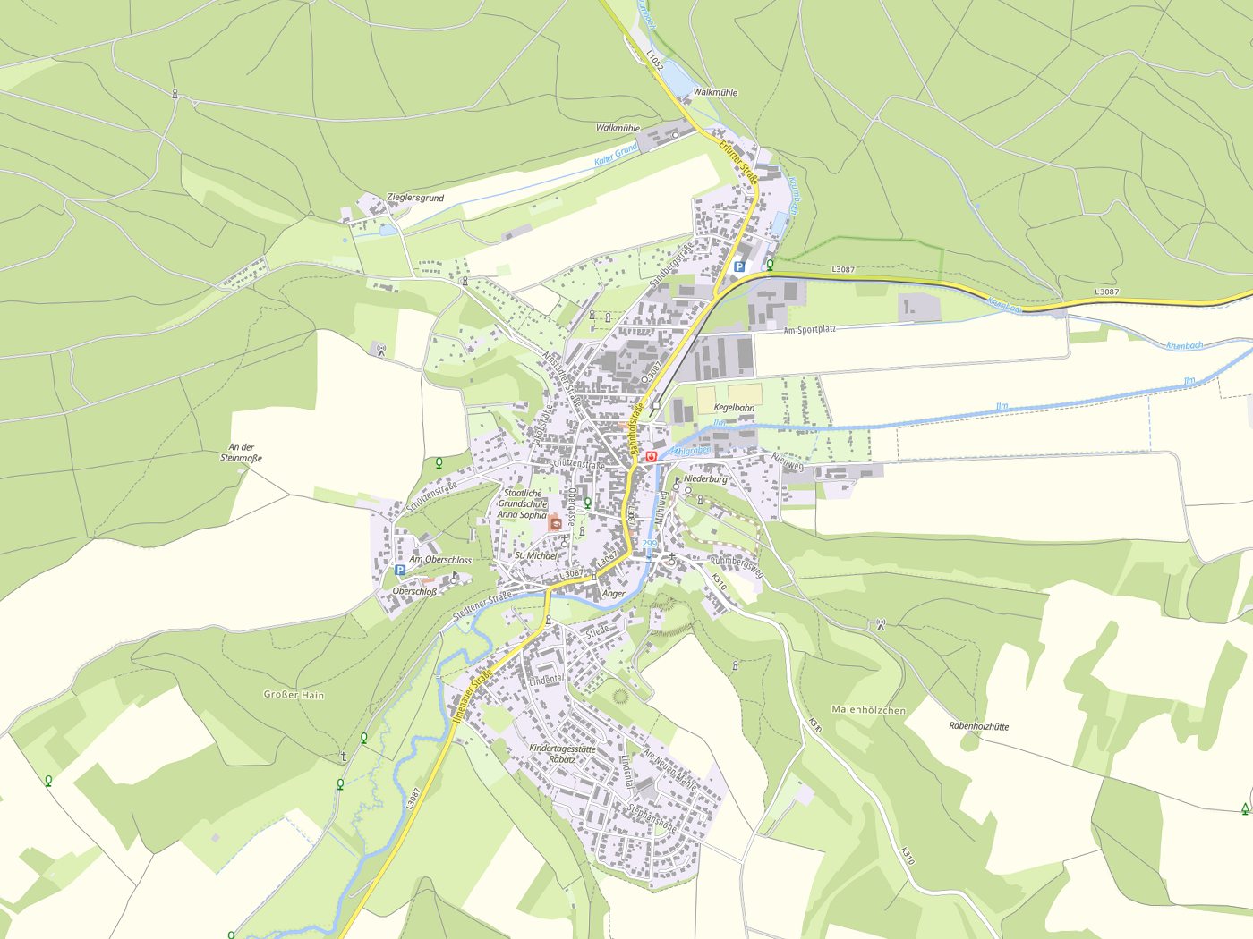 Kartenausschnitt Kranichfeld mit Gewässern
