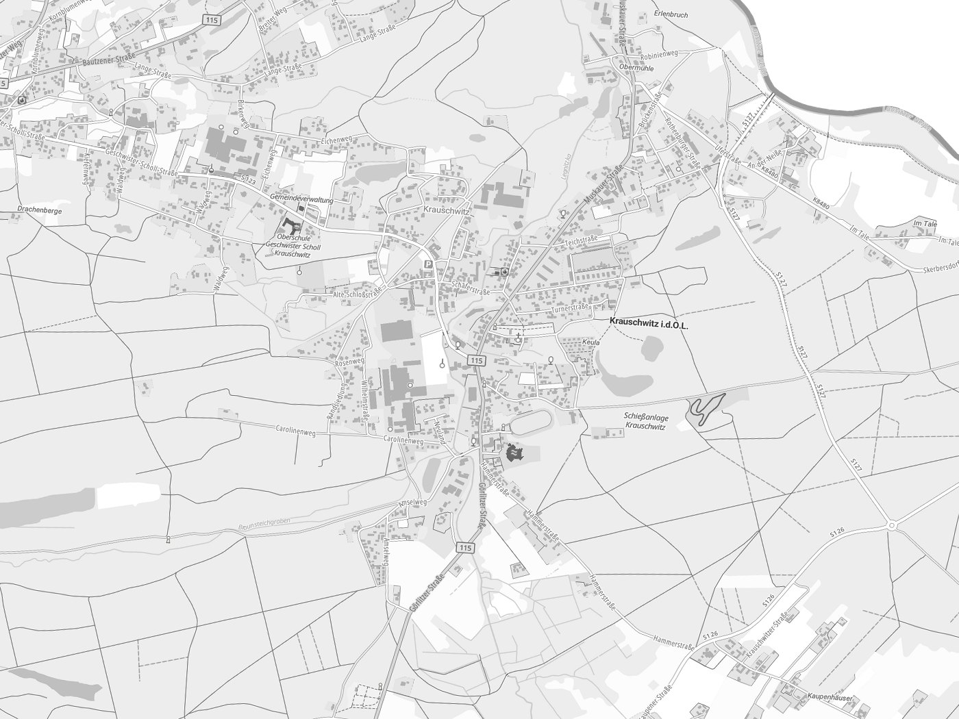 Kartenausschnitt Krauschwitz i.d. O.L. / Krušwica mit Gewässern