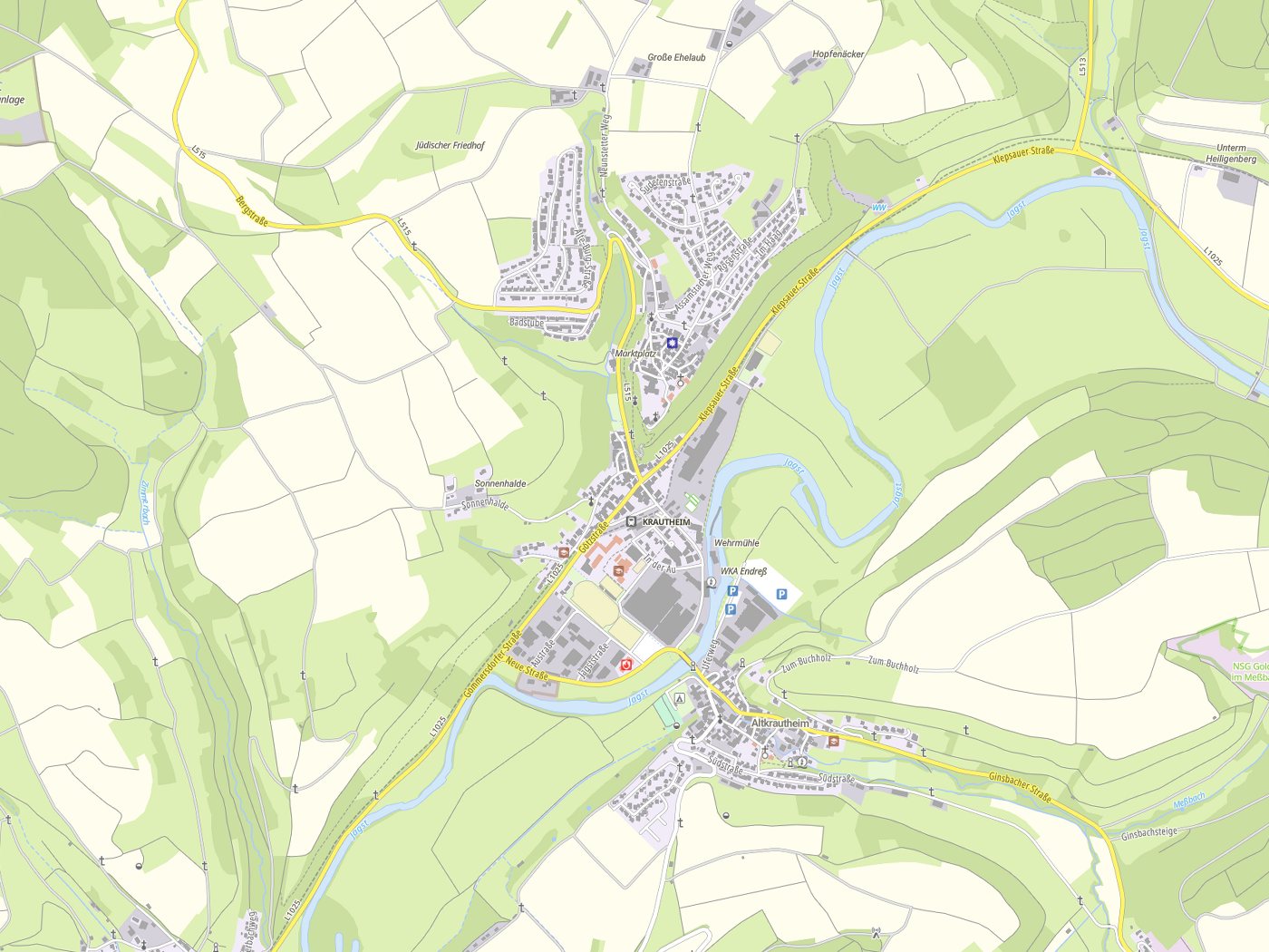 Kartenausschnitt Krautheim mit Gewässern