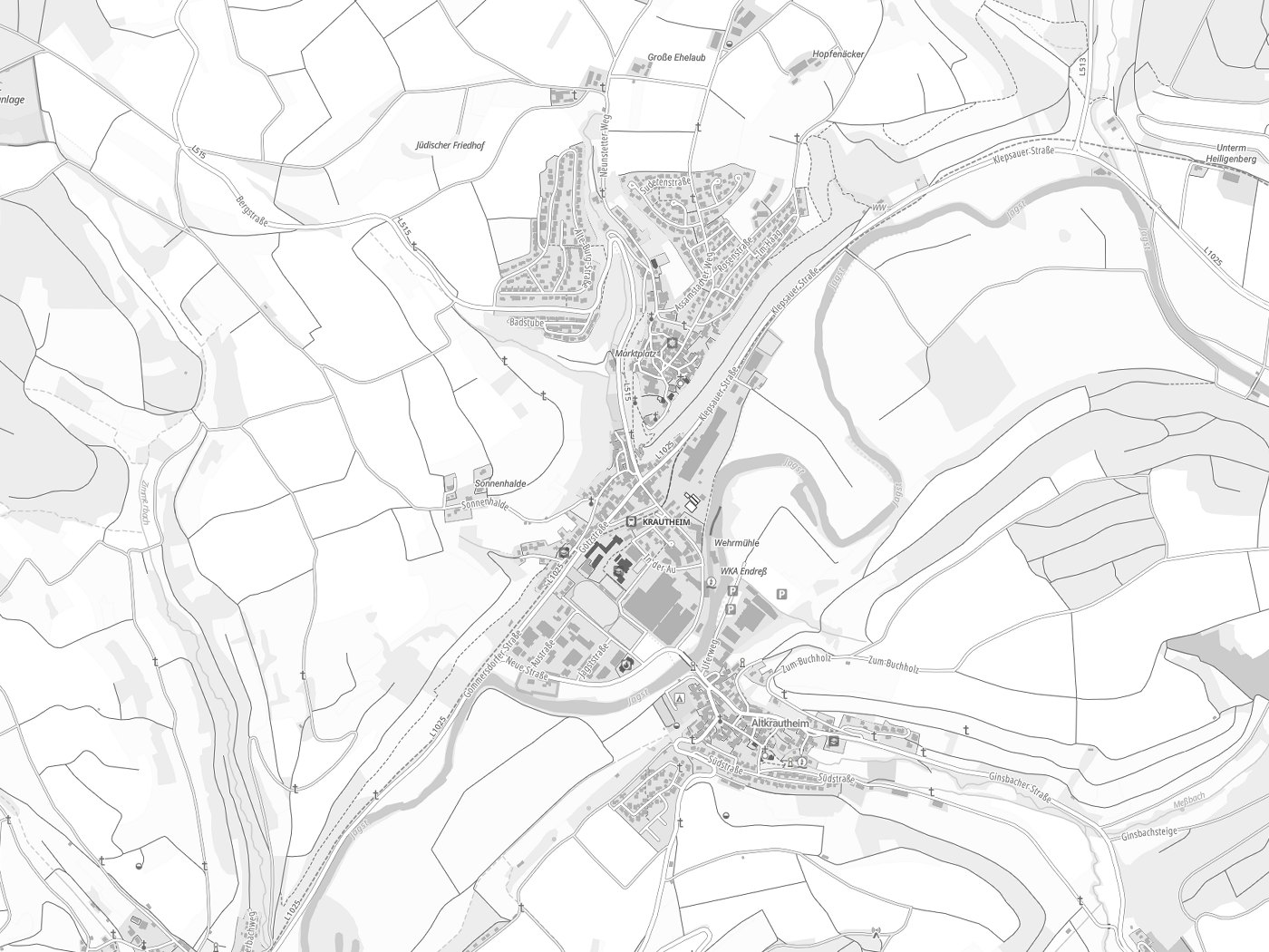 Kartenausschnitt Krautheim mit Gewässern
