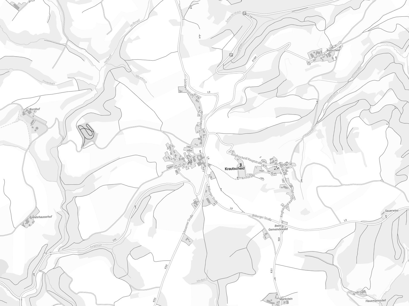 Kartenausschnitt Krautscheid mit Gewässern