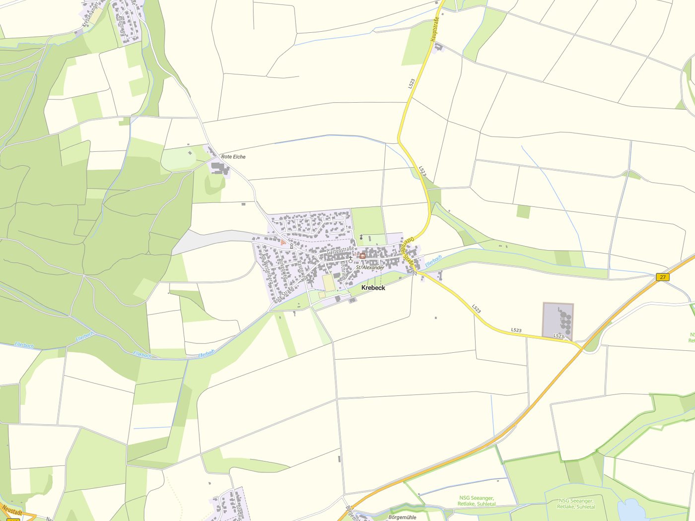 Kartenausschnitt Krebeck mit Gewässern