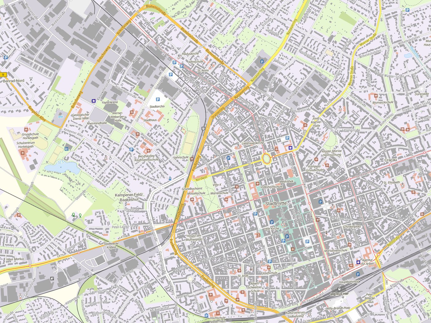 Kartenausschnitt Krefeld mit Gewässern
