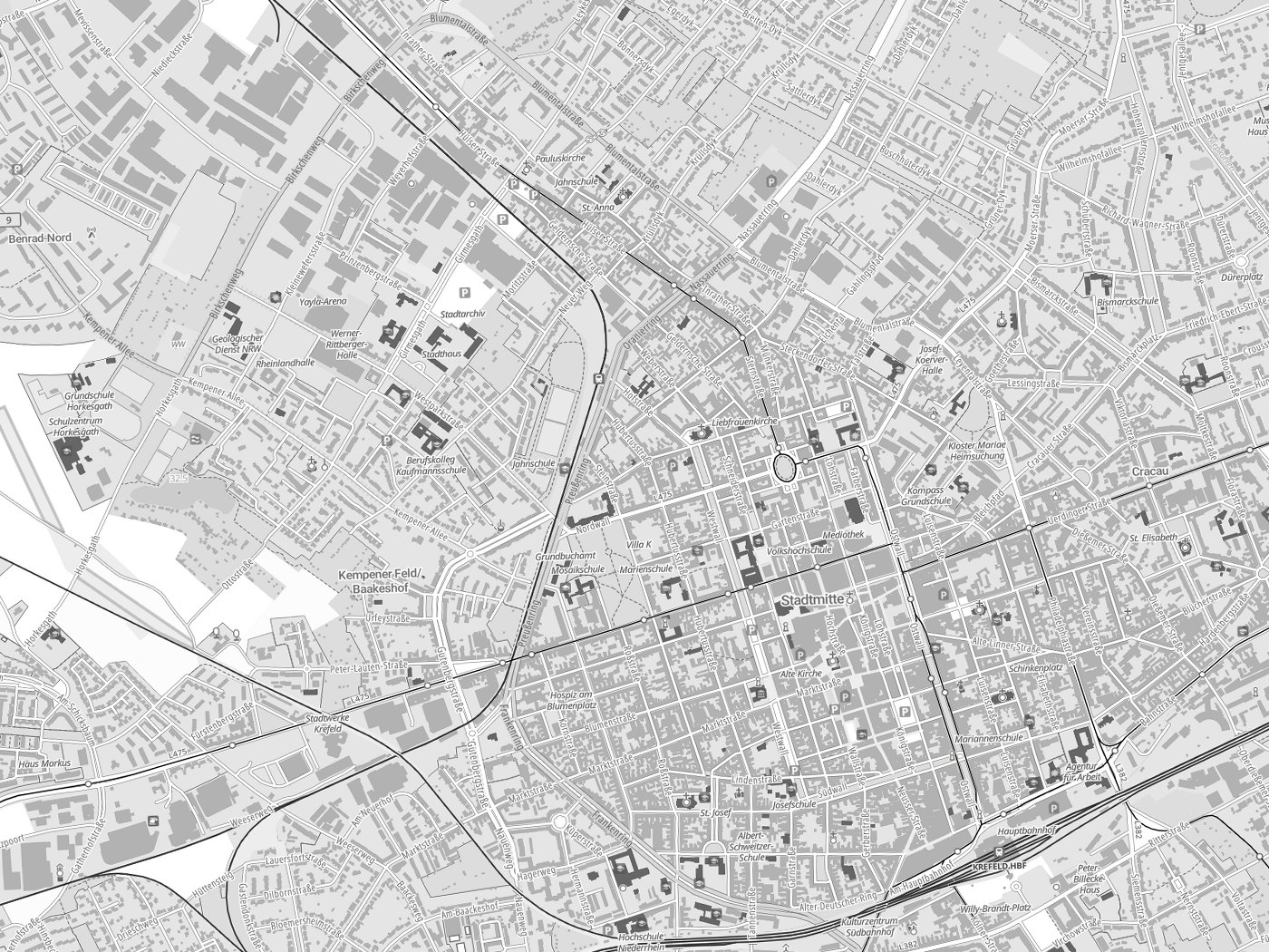 Kartenausschnitt Krefeld mit Gewässern