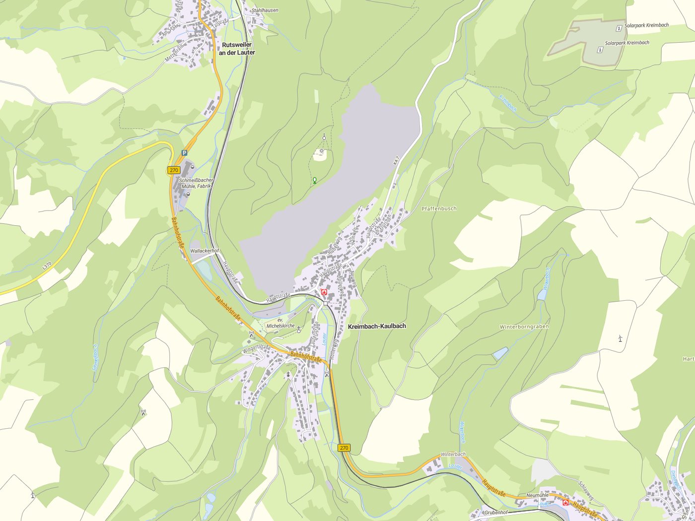 Kartenausschnitt Kreimbach-Kaulbach mit Gewässern