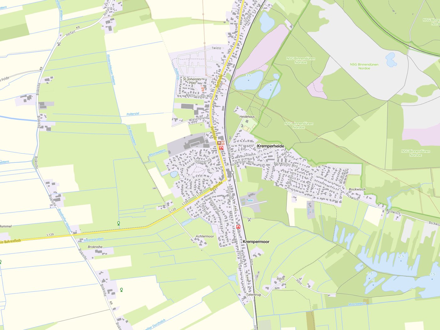 Kartenausschnitt Kremperheide mit Gewässern
