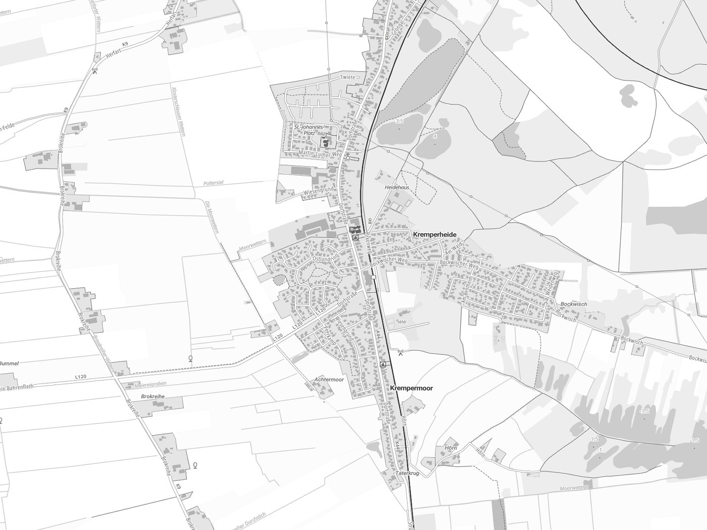 Kartenausschnitt Kremperheide mit Gewässern