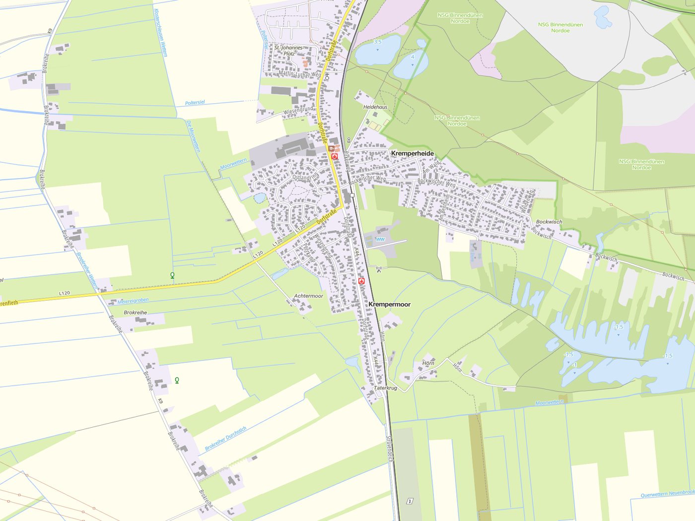 Kartenausschnitt Krempermoor mit Gewässern