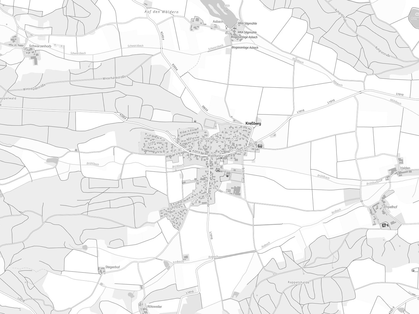 Kartenausschnitt Kreßberg mit Gewässern
