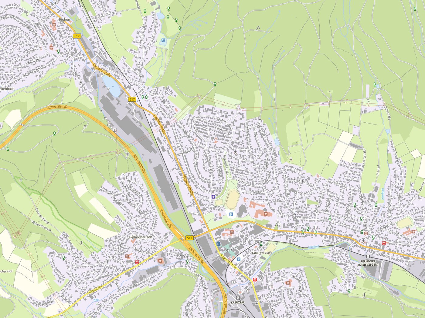 Kartenausschnitt Kreuztal mit Gewässern