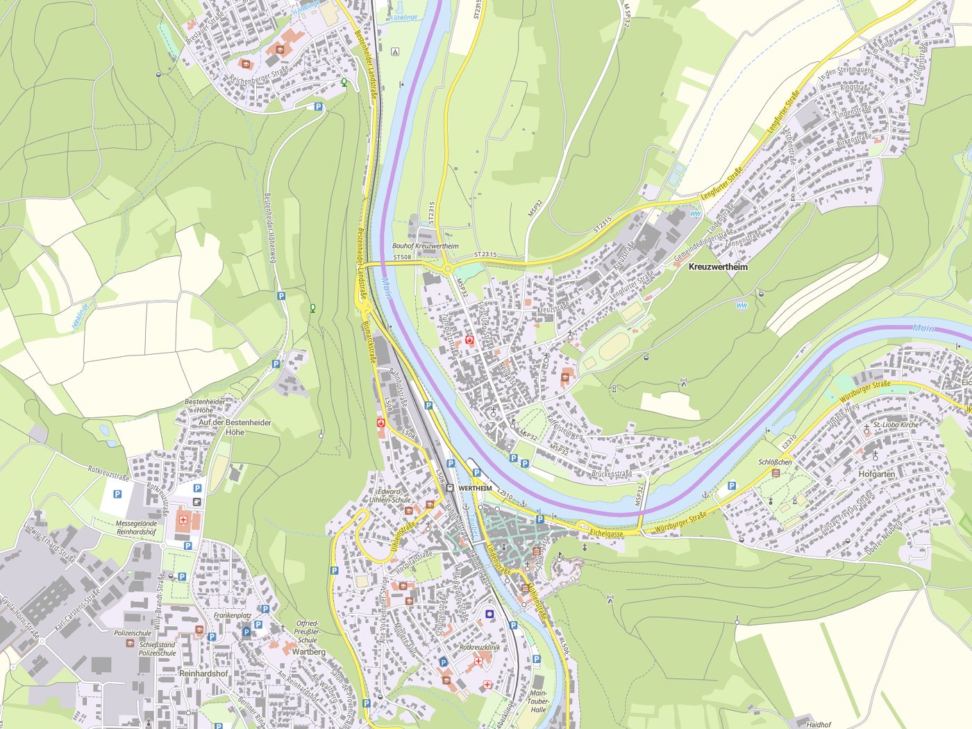 Kartenausschnitt Kreuzwertheim mit Gewässern